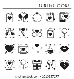 Love line icons set. Happy Valentine day silhouette signs and symbols. Love, couple, relationship, dating, wedding, holiday, romantic theme. Heart lips gift