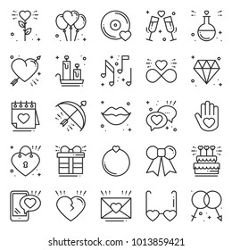 Love line icons set. Happy Valentine day signs and symbols. Love, couple, relationship, dating, wedding, holiday, romantic amour theme. Heart lips gift