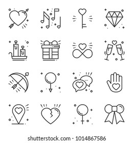 Love line icons set. Happy Valentine day signs and symbols. Love, couple, relationship, dating, wedding, holiday, romantic amour theme. Heart gift