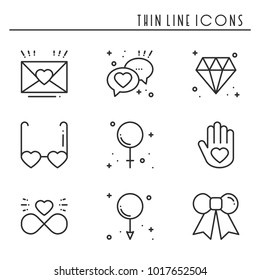 Love line icons set. Happy Valentine day signs and symbols. Love, couple, relationship, dating, wedding, holiday, romantic amour theme. Heart gift