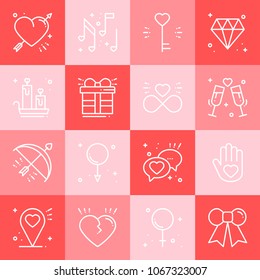 Love line icons set. Happy Valentine day signs and symbols. Love, couple, relationship, dating, wedding, holiday, romantic amour theme. Heart, lips, gift. Colorful squares.