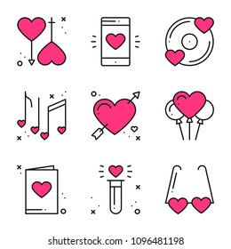 Love line icons set. Happy Valentine day signs and symbols. Love, couple, relationship, dating, wedding, holiday, romantic amour theme. Heart lips gift