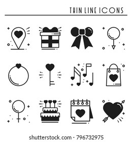 Love line icons set. Happy Valentine day silhouette signs and symbols. Love, couple, relationship, dating, wedding, holiday, romantic amour theme. Heart gift