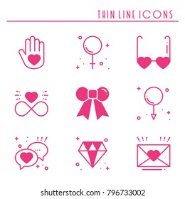 Love line icons set. Happy Valentine day pink silhouette signs and symbols. Love, couple, relationship, dating, wedding, holiday, romantic amour theme. Heart gift