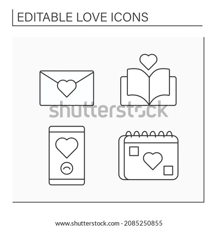 Love line icons set. Love letter, romantic book, notification and calendar. Relationship concept. Isolated vector illustrations. Editable stroke