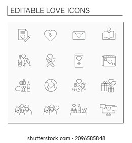 Love line icons set. Romantic relations between people. Relationship concept. Isolated vector illustrations. Editable stroke
