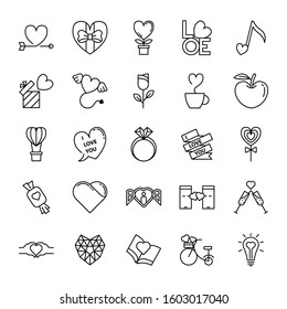 Love Line Icons set Vector. Happy valentine day related symbol on white background.