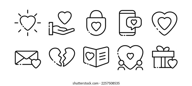 Love Line Icons Set. Abstimmung, Hand, Schloss, Geschenk, Redner, Mundstück, Ankündigung, wichtige Informationen, Ereignisse. Kommunikationskonzept. Vektorschwarze Zeilensymbole auf weißem Hintergrund