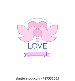 Love line logo design with love doves, heart and ribbon