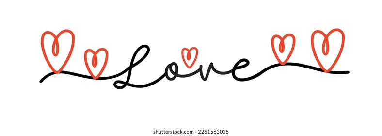 Amor. Guión de línea cursivo de amor de texto. Ilustración vectorial para afiches, tarjetas, banner Día de San Valentín, boda. Palabra dibujada a mano - amor con el corazón del doodle. Imprime para el té, camiseta.