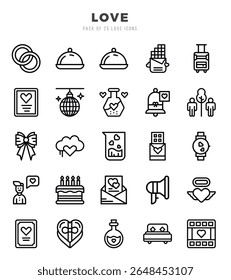 Coleção de ícones de amor linear. 25 ícone definido em um design linear.