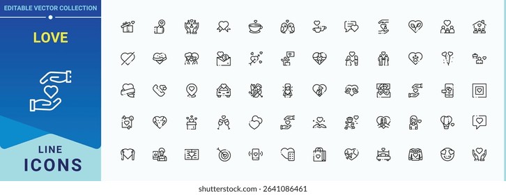 Love linear icon set. Valentine line icon set. Minimalist icons collection. Included valentine, romance, friend, care, help, hand, emotion and more. Pictogram and infographic.