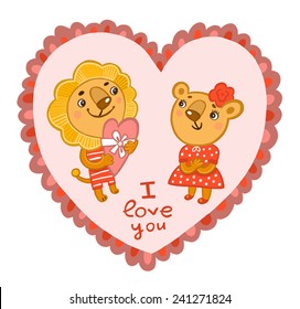 love the lion and lioness in the frame in the shape of heart