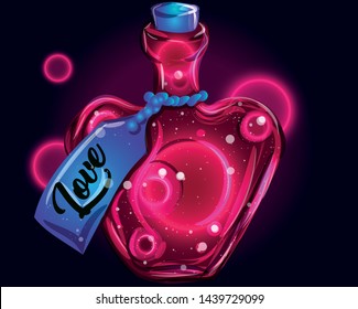 Amor líquido en un frasco - ilustración de veneno mágico para el día de San Valentín. Receta para la atracción en una botella en forma de corazón. Luz de fantasía de neón, ciencia o Vector de investigación de medicina. Efecto galaxia del espacio exterior