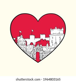 I love Lisbon. Red heart and famous buildings, Portugal Composition. Hand-drawn black and white vector illustration. Grouped and movable objects.