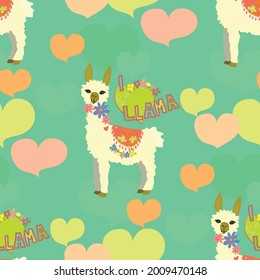 I love llama text vector repeatable seamless pattern with cute llamas surrounded by multicolor hearts in green, orange and pink