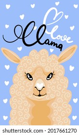 Love llama vector banner with white hearts.