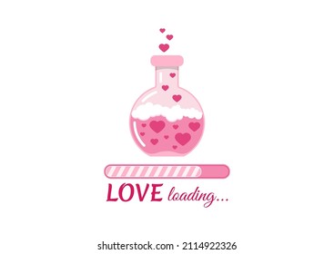 Love loading bar with glass lab flask with hearts and love potion. Valentines day candy bar countdown progress waiting. Flat design cartoon wedding invitation design element vector illustration.