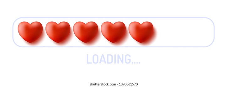 Love loading concept. Progress status bar with realistic Red heart. Funny happy valentines day element. Web design app download timer.