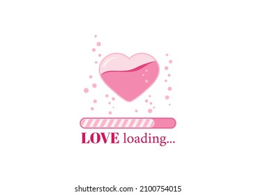 Love loading countdown bar with heart and fizzing air bubbles on banner. Valentines day candy bar progress happiness waiting. Flat design cartoon wedding invitation design element vector illustration.