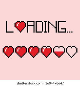 Love loading with hearts load. Illustration design in pixels art.