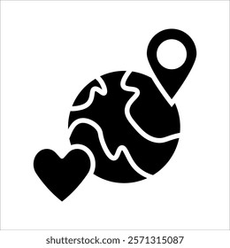 Love location icon. Location pin icon with heart and earth shape. Favorite place. Pictogram isolated on white background.