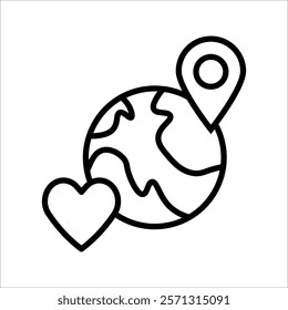 Love location icon. Location pin icon with heart and earth shape. Favorite place. Pictogram isolated on white background.