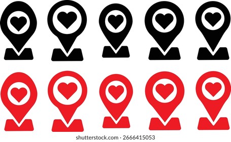 ícone de localização do amor ilustração vetorial, símbolo de ponteiro do mapa do coração, símbolo de pino de localização preto,
