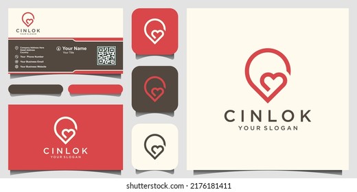 diseño del logotipo de ubicación de amor. diseño combinado de marcadores de corazón y mapas y tarjetas de visita