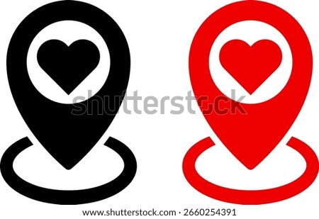 Love location pin icon set. heart map pointer symbol. representing love pin symbol. Map marker pointer icons. Romantic Location Pin icon
