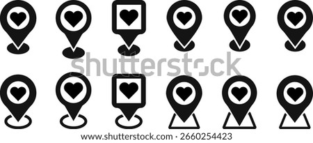 Love location pin icon set. heart map pointer symbol. representing love pin symbol. Map marker pointer icons. Romantic Location Pin icon
