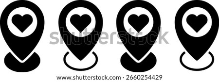 Love location pin icon set. heart map pointer symbol. representing love pin symbol. Map marker pointer icons. Romantic Location Pin icon
