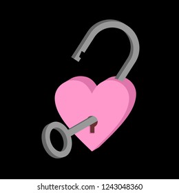 Love lock icon in the shape of a heart.  Vector illustration St. Valentine's day greeting card in flat style. A heart symbol and key.