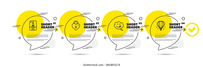 Love lock, Yummy smile and Crane claw machine line icons set. Timeline infograph speech bubbles. Air balloon sign. Bridge locker, Comic chat, Attraction park. Sky travelling. Holidays set. Vector