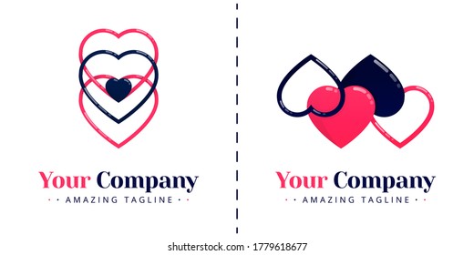 Love logo with 4 hearts connected and love logo with 3 hearts stacked with a small heart in the middle. Templates can be used for corporate, apps, events, poster, brochure, invitation, card, banner
