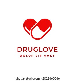 Love logo concept in pill shape isolated on white background. Creative pill logo.