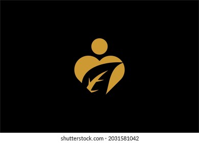 Love Logo Design Vektor. Grüne Blätter in verliebtem abstraktem Symbol. Natürliche organische Vektorsymbole.