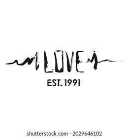 Love logo icon sign Established in 1991 Hand drawn ink sketch lettering Heartbeat 90s symbol Modern grunge design style Fashion print clothes apparel greeting invitation card cover flyer poster banner