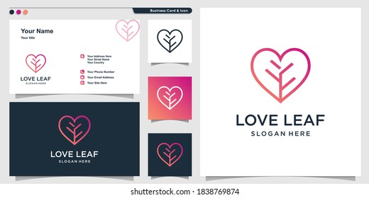 Logotipo de amor con estilo de arte de línea de hoja y diseño de tarjeta de visita Premium Vector