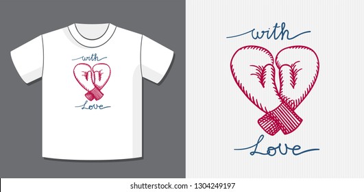 With Love Logo Lettering and Boxing Gloves Heart Shape Composition with Application Example on T-Shirt Vector Template - Blue and Red Elements on White Background - Vector Hand Drawn Design