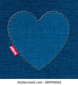 Love Logo Lettering Creative Concept with Blue Denim Cotton Jeans Heart and Red Tab in Front of Similar Realistic Vector Texture - Light Elements on Dark Background - Flat Graphic Design