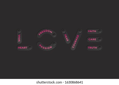 Love Logo as Minimalist Black Style Composition of On Off Toggle Switch Buttons with Inspirational Lettering Valentines Day Creative Concept 