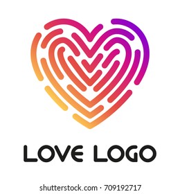 Love logo. Red heart and fingerprint or labyrinth. Loveness sign. Creative vector design illustration.