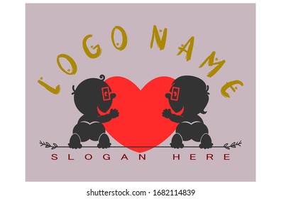 love logo, silhouette baby boy and girl holding a sign of love