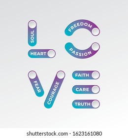 Love Logo as Square Composition of On Off Toggle Switch Buttons with Inspirational Lettering Valentines Day Creative Concept - Multicolor on White Background - Vector Gradient Graphic  Design