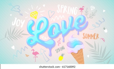 Love logo symbol. Memphis style hand lettering. Trendy texture. 80's an 90's style. Concept calligraphy design for greeting card. Love letter Wedding invitation. Easy editable for Your design.