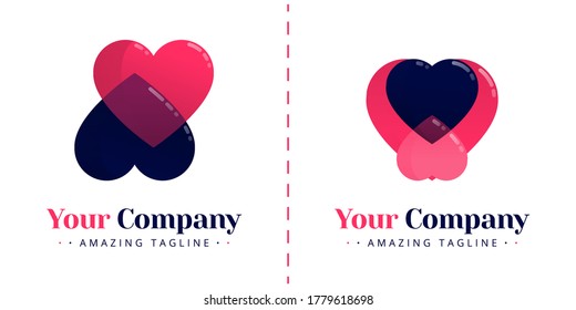 The love logo with two opposing hearts and inverted nature. Templates can be used for corporate, dating apps, business wedding events, poster, brochure, wedding invitation, card, website, banner
