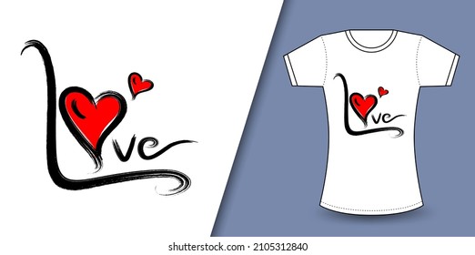 Love logo for valentine'day and red heart vector illustration, T shirt design for happy valentine's day template, clothing print, t shirt mockup, Female fashion, love calligraphy design, love text