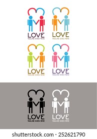 Love Logo Vector template, a logo template representing a couple in love holding hands and forming a heart. Available in four color combinations, black and white.
