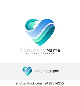 Love logo and water wave design combination, ocean logos, blue color